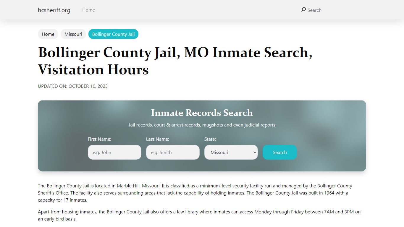 Bollinger County Jail, MO Inmate Search, Visitation Hours